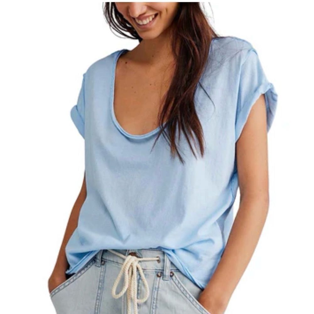 🛍️ FREE PEOPLE Dylan Dream Blue Cotton tshirt tee Top Size LARGE